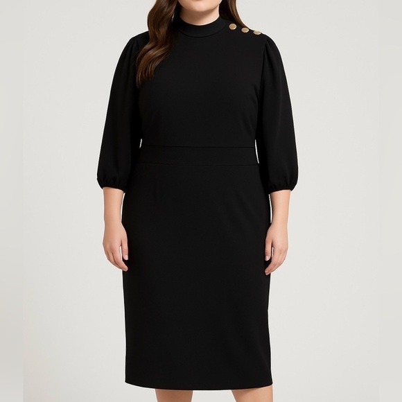 NY&Co Black Sheath Dress Small NWT Gold Button Shoulder Midi Work Office Elegant - Picture 1 of 13